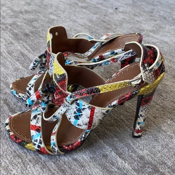 New Proenza Schouler multicolor snakeskin leather tassel piton strappy heels